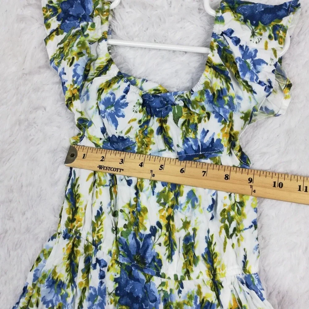 Btween Girls Dress Midi Blue White Floral Cap Sleeve Scrunchie Ruffle 6‎ New